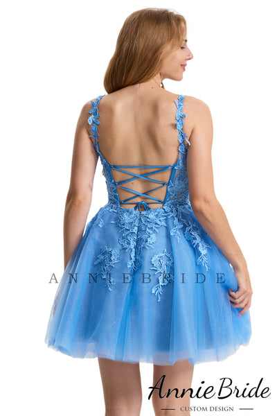 Cute A Line V Neck Blue Sparkly Tulle Short Homecoming Dresses with Appliques AB24071904