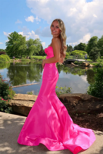 Mermaid Sweetheart Pink Satin Prom Dress with Bow AB24122617