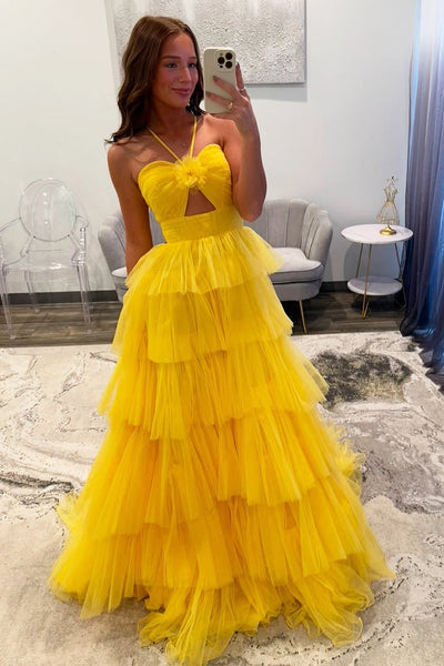 Cute A Line Straps Yellow Tulle Prom Dress AB25020304