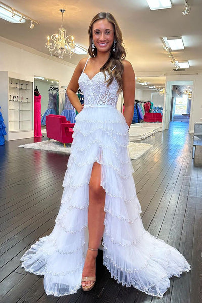 Charming A Line Sweetheart White Tulle Long Prom Dresses with Beading AB110701