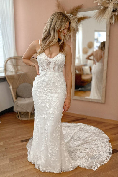 Luxurious Mermaid V Neck Lace Wedding Dresses with Appliques AB24070606