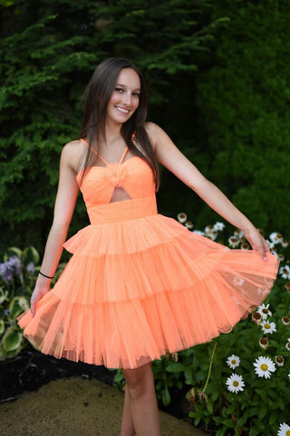 Cute A Line Straps Orange Tulle Short Homecoming Dresses AB24081802