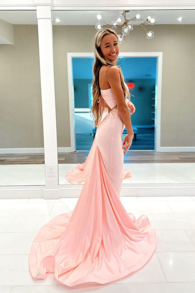 Charming Mermaid V Neck Blush Pink Satin Long Prom Dresses