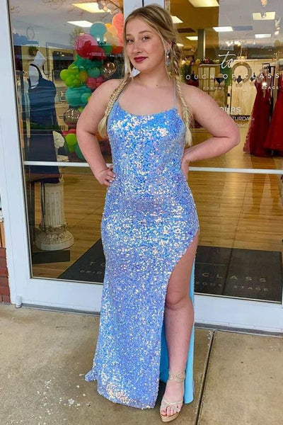 Sparkly Mermaid Scoop Neck Light Blue Sequins Long Prom Dresses with Slit AB24100509