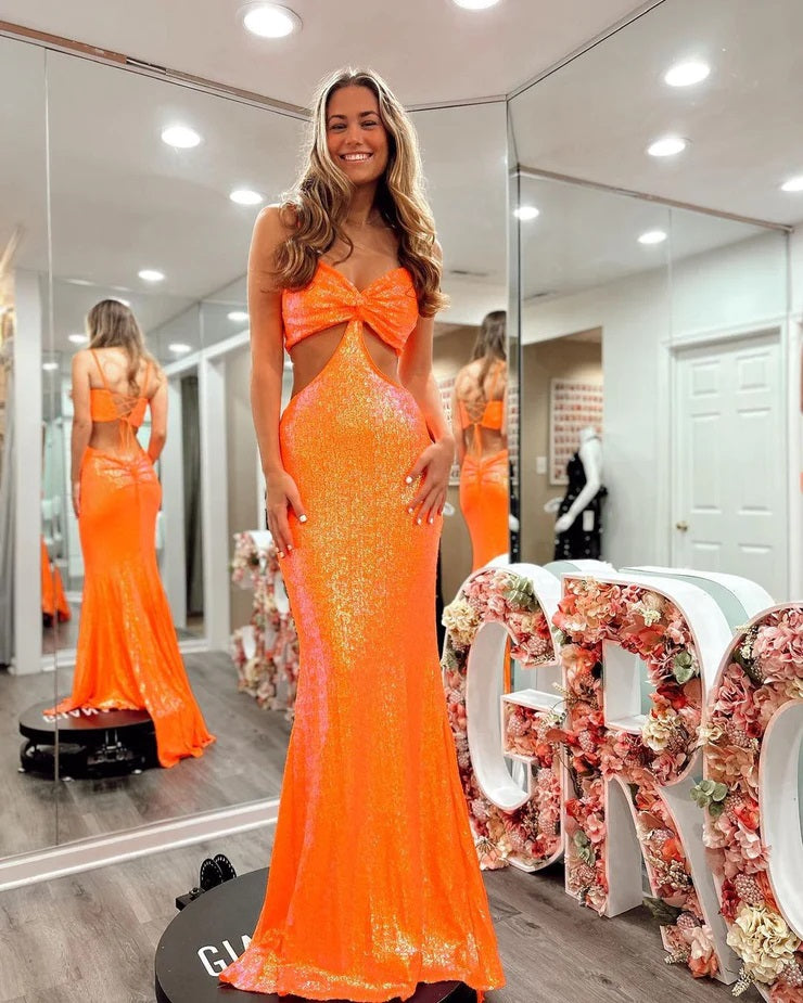 Cute Mermaid V Neck Orange Sequins Long Prom Dress AB24111419