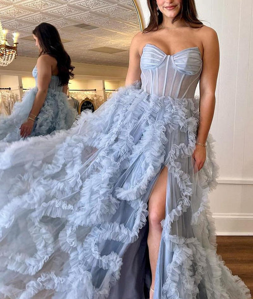 Fairy A Line Sweetheart Grey Ruffled Tulle Prom Dresses with Slit AB24122601