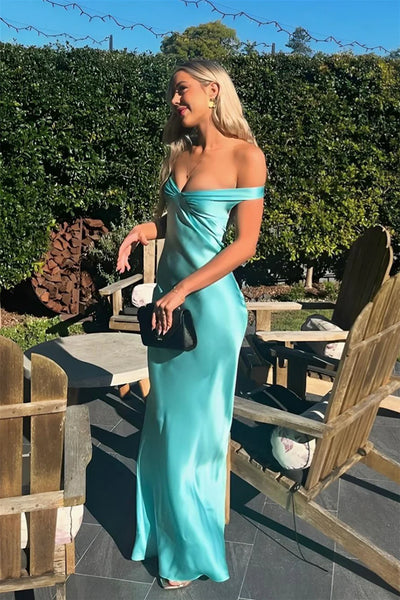 Charming Sheath Off the Shoulder Mint Silk Satin Long Prom Dress AB25012503