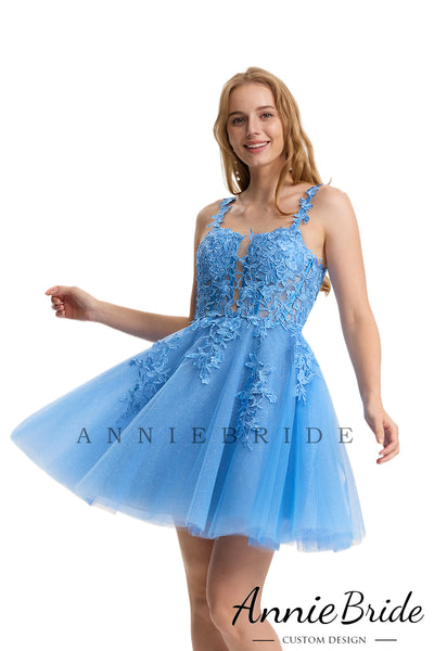 Cute A Line V Neck Blue Sparkly Tulle Short Homecoming Dresses with Appliques AB24071904