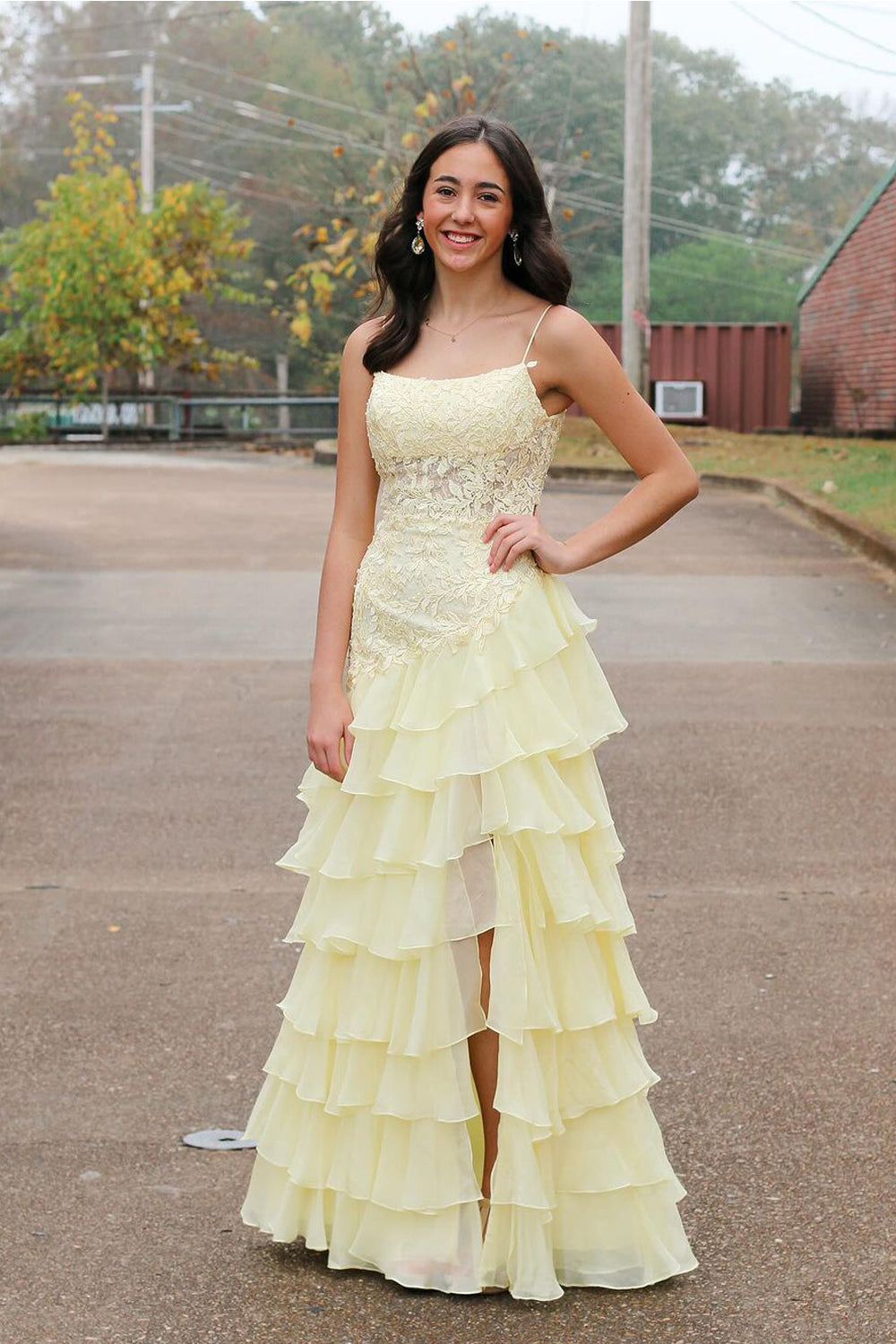 Cute A Line Scoop Neck Daffodial Tiered Chiffon Long Prom Dress with Slit AB24111108