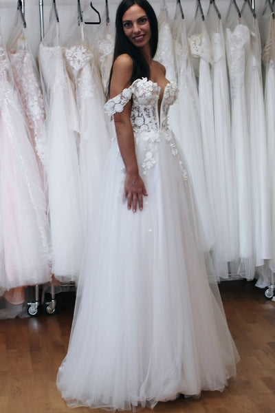 Fairy A Line Off the Shoulder Tulle Long Wedding Dresses with Appliques AB2410102