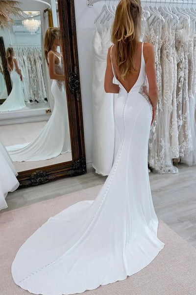 Charming Mermaid V Neck White Wedding Dress with Beading AB25020202