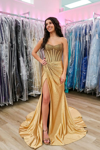 Gorgeous Mermaid Scoop Neck Gold Satin Prom Dress with Hot Stone AB25022609