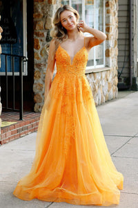 Gorgeous A Line V Neck Orange Tulle Prom Dress with Appliques AB4032402