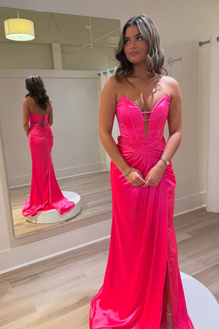 Cute Mermaid V Neck Hot Pink Satin Long Prom Dress with Slit AB24122803