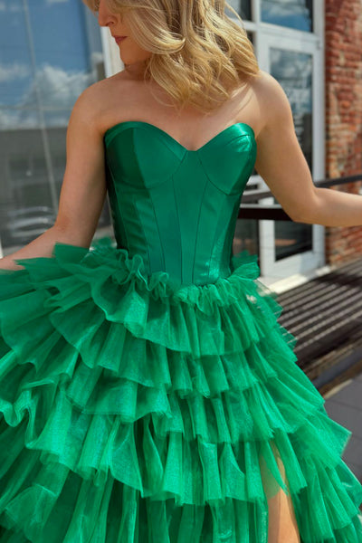 Cute A Line Sweetheart Green Tulle Tiered Long Prom Dresses with Slit AB24092602