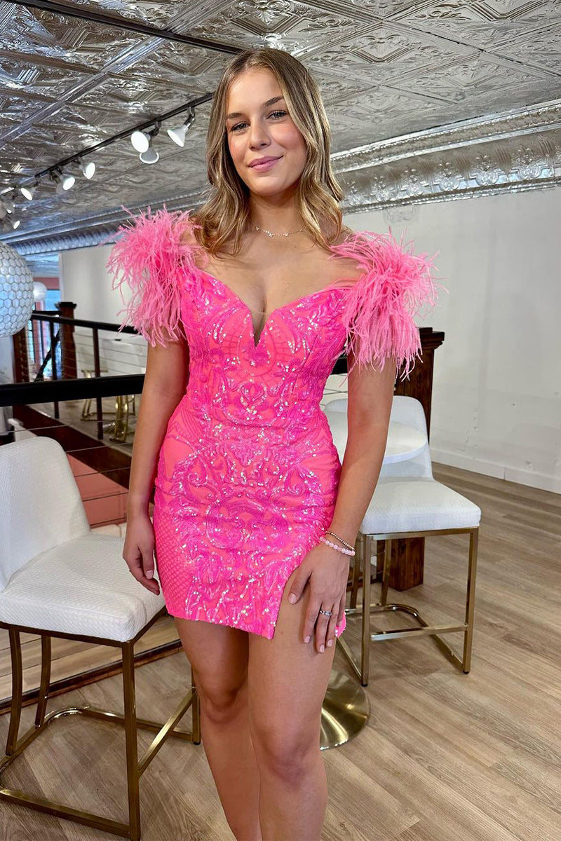 Cute Bodycon Off the Shoulder Pink Sequins Short Homecoming Dresses with Feather AB24070604