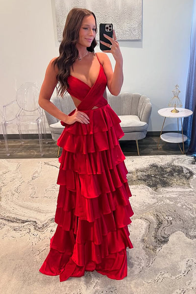 Cute A Line V Neck Red Satin Tiered Long Prom Dress with Slit AB24121808