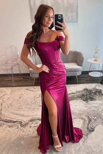 Charming Mermaid Off the Shoulder Fuchsia Satin Long Prom Dresses with Slit AB24120905