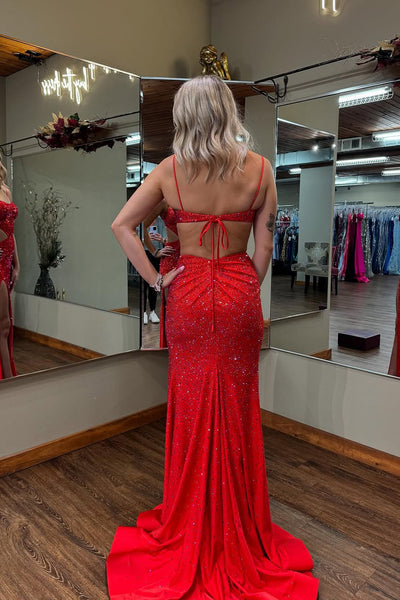 Charming Mermaid Straps Red Satin Long Prom Dresses with Hot Stone Beading AB24120613