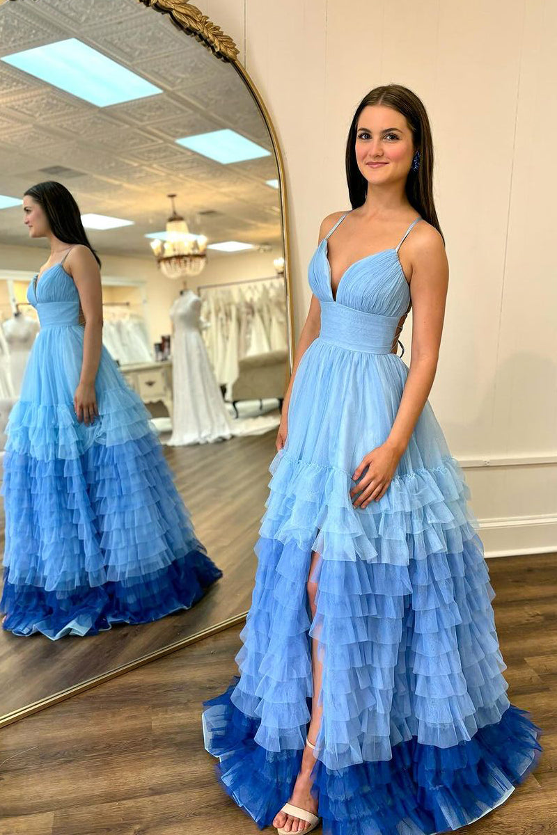 A-Line V Neck Ruffle Tulle Long Prom Dress with Slit AB4030903