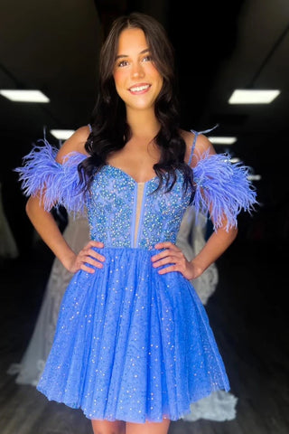 Cute A Line V Neck Blue Sparkly Tulle Short Homecoming Dresses with Feather AB082203