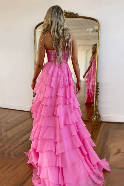 Cute A-Line Strapless Pink Ruffle Tiered Chiffon Long Prom Dress AB4033003