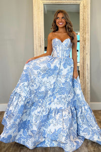 Cute A Line Sweetheart Light Blue Jacquard Satin Prom Dress AB24120305