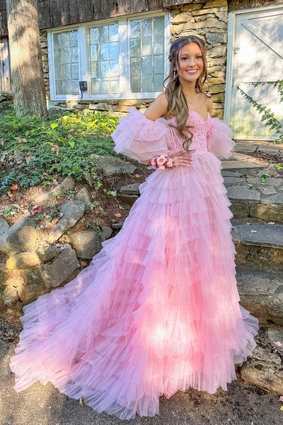 Fairy A Line V Neck Pink Tulle Long Prom Dresses with Appliques AB24101406