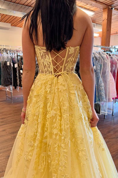 Cute A Line Sweetheart Daffodial Yellow Tulle Long Prom Dress with Appliques AB25013102