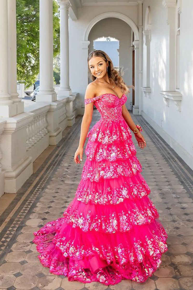 Sparkly Ball Gown Sweetheart Hot Pink Sequins Tiered Prom Dresses AB24070301