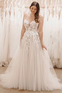 A Line V Neck Tulle Long Wedding Dress with Appliques AB24121907