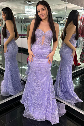 Charming Mermaid Sweetheart Light Purple Long Prom Dresses with Appliques AB121902