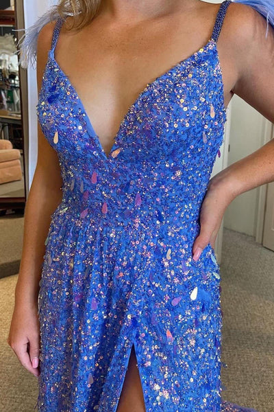 A-Line V Neck Blue Sequins Long Prom Dress with Slit AB4050801