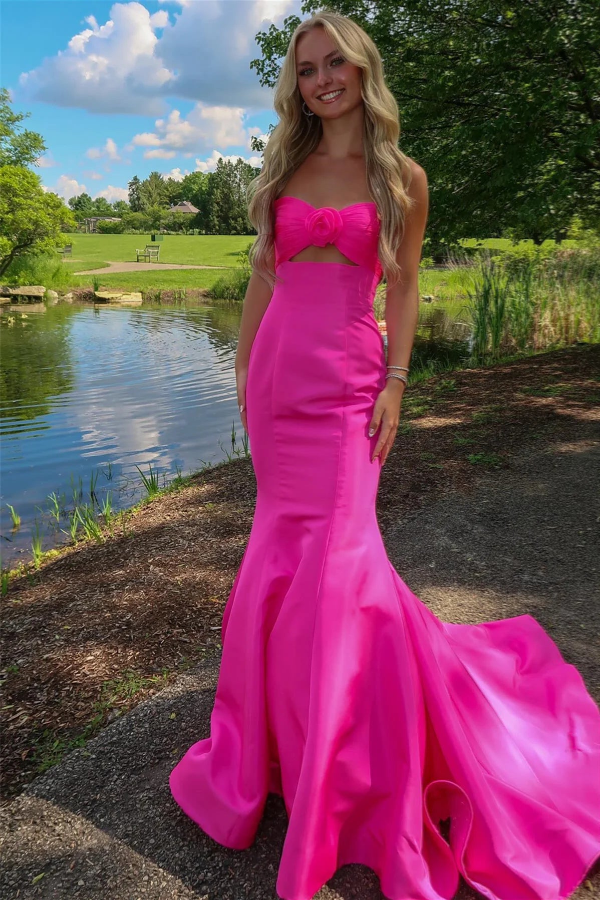 Mermaid Sweetheart Pink Satin Prom Dress with Bow AB24122617