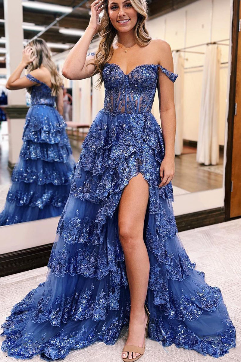 Cute A Line Sweetheart Navy Blue Tulle Sequins Lace Prom Dresses with ...