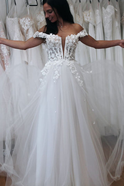 Fairy A Line Off the Shoulder Tulle Long Wedding Dresses with Appliques AB2410102