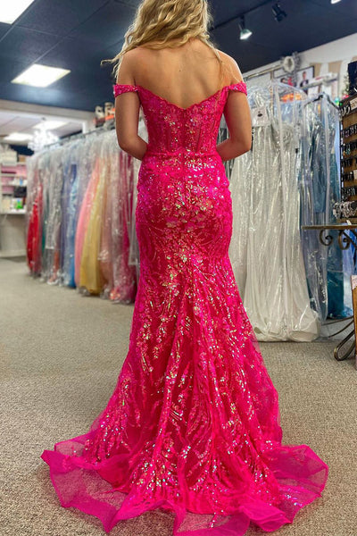 Cute Mermaid Sweetheart Hot Pink Sequins Lace Prom Dresses with Slit AB111403
