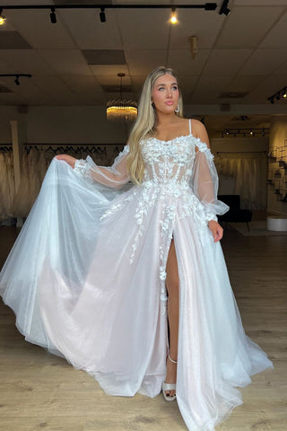 Charming A Line Off the Shoulder Tulle Wedding Dresses with Appliques AB4092805