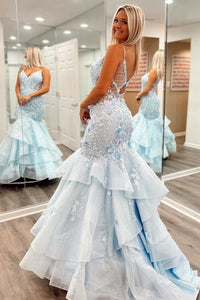 Cute Mermaid V Neck Light Blue 3D Floral Lace Tiered Long Prom Dress