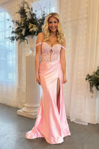 Elegant Mermaid Off the Shoulder Blush Pink Stretch Satin Prom Dress with Appliques AB25010306