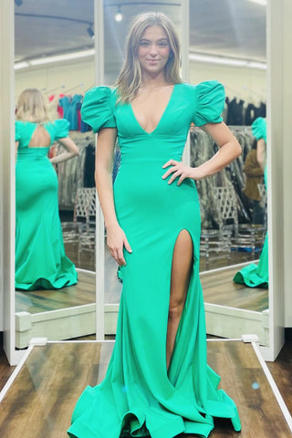 Elegant Sheath V Neck Green Satin Long Prom Evening Dresses AB24102804