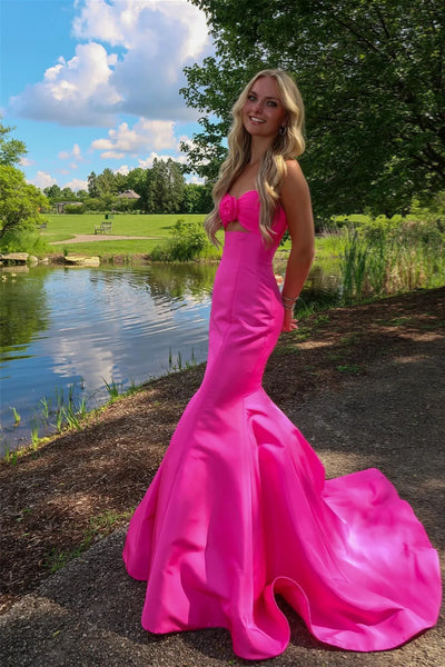 Mermaid Sweetheart Pink Satin Prom Dress with Bow AB24122617