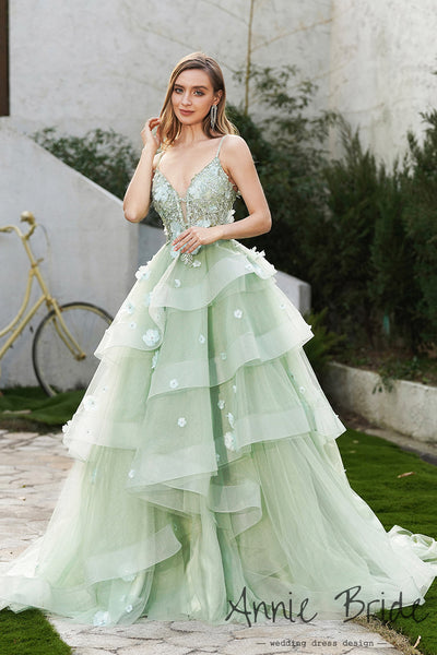 Fairy Ball Gown V Neck Sage Green Tiered Tulle Prom Dress Sweet 16 Dresses AB24121209