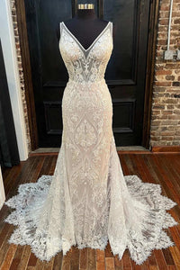 Romantic Mermaid V Neck Lace Bridal Dresses AB24102617