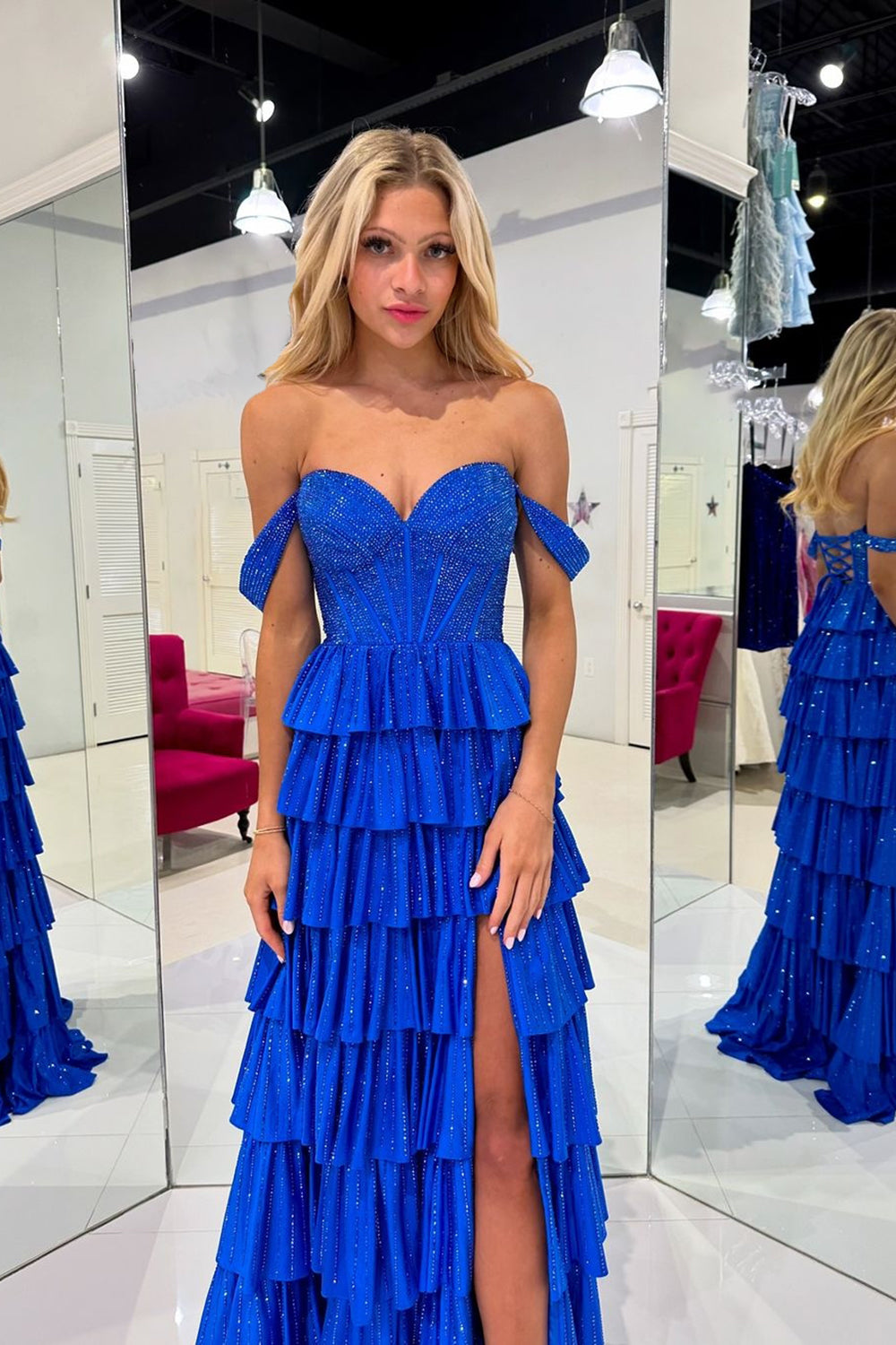 Cute A Line Off the Shoulder Royal Blue Prom Dresses AB24102312 Anniebride