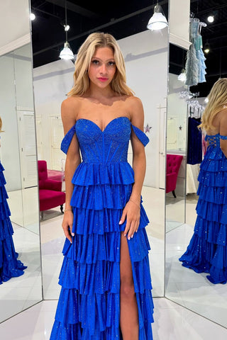 Cute A Line Off the Shoulder Royal Blue Prom Dresses AB24102312