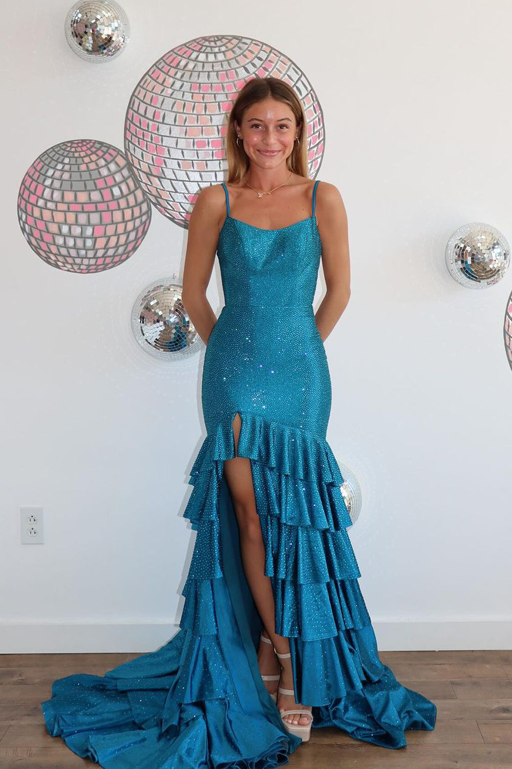 Charming Mermaid Scoop Neck Teal Satin Beading Prom Dresses AB24103112