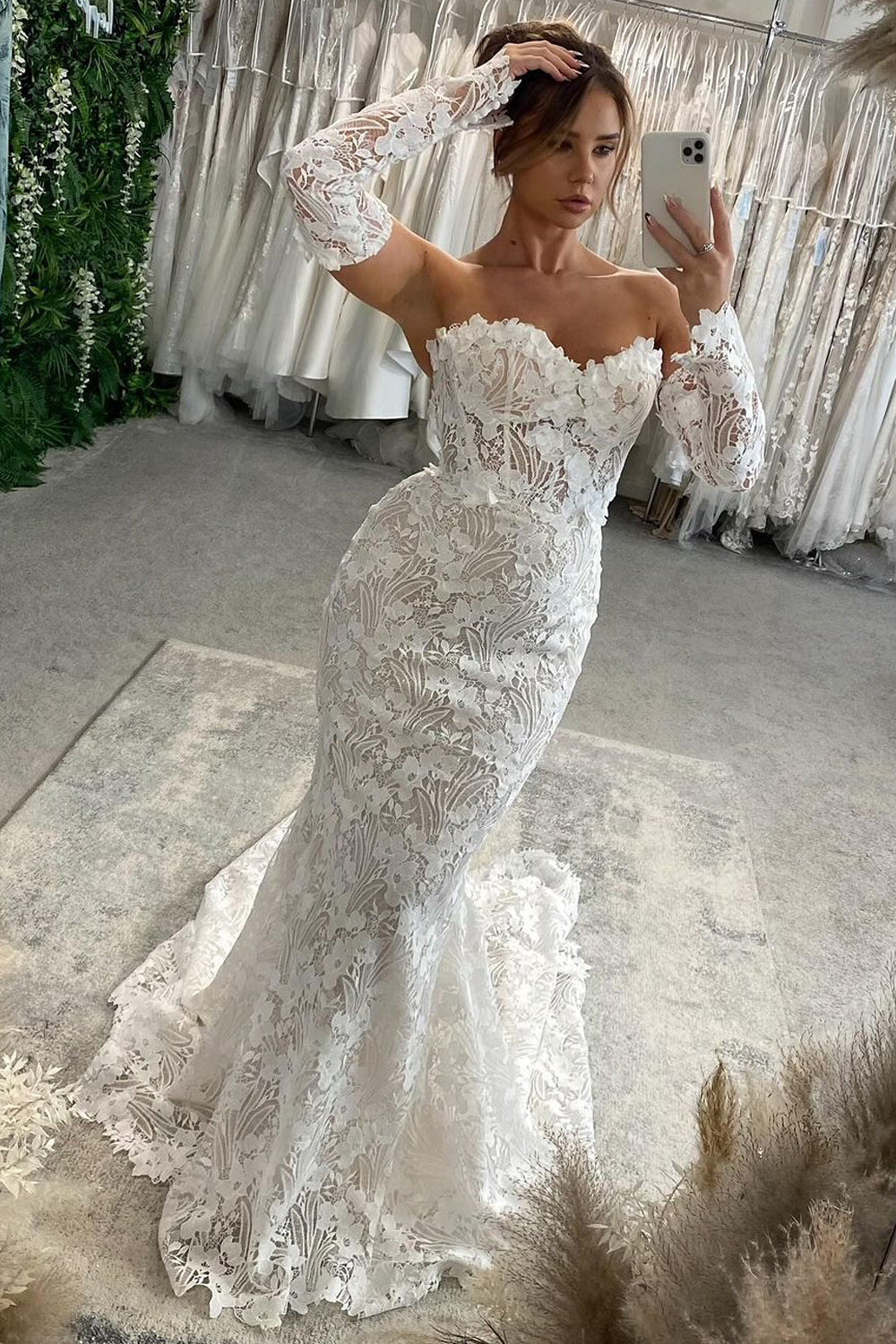 Elegant Mermaid Sweetheart Lace Long Bridal Dresses with Long Sleeves AB24110814