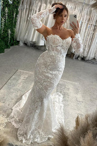 Elegant Mermaid Sweetheart Lace Long Bridal Dresses with Long Sleeves AB24110814