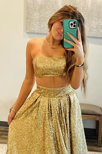 Two Piece Strapless Gold Sequins Long Prom Dress AB4040304